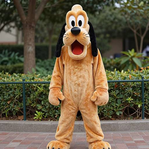 Photograph of a person in a full-body Pluto costume, standing outdoors on a brick-paved path with greenery and trees in the background. Pluto