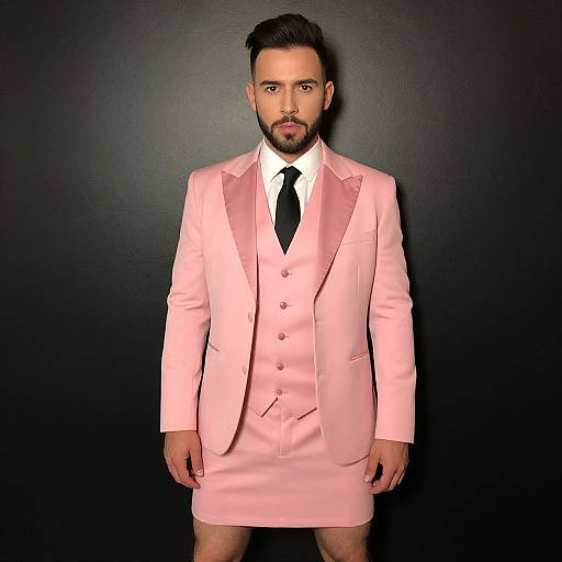 Photograph of a bearded man with dark hair, wearing a pink three-piece suit, black tie, white shirt, against a black background.