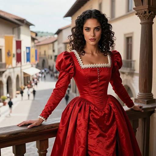Photograph of a curly-haired woman with olive skin in a red, puffed-sleeve, Victorian-style dress, leaning on a wooden balcony in