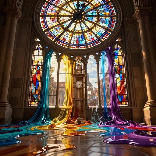 Photograph of a cathedral interior with a vibrant stained-glass rose window, colorful light beams, and rainbow-colored liquid flowing on the floor.