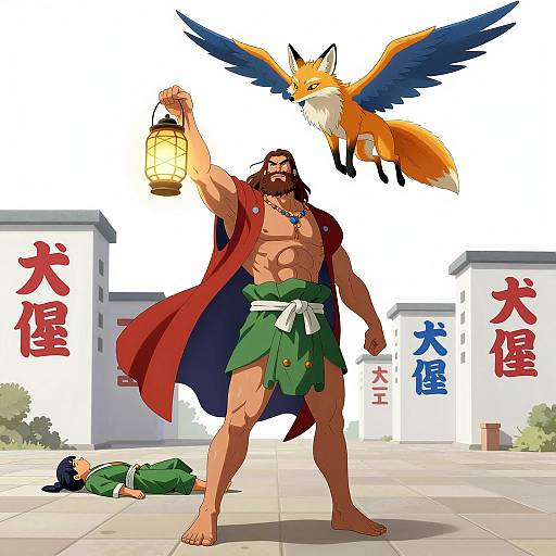 Heroic Man with Lantern and Fox