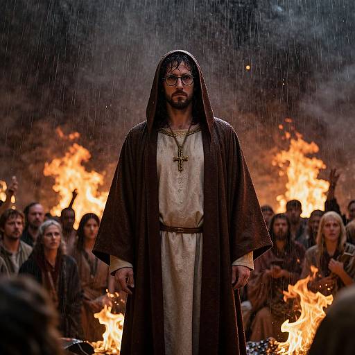 Ominous Man Amid Flames and Rain