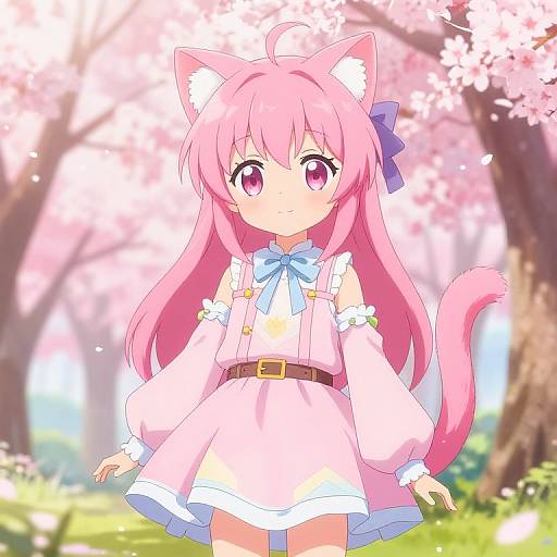 Pink Cat Girl in Cherry Blossom Garden
