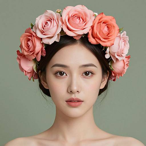 Photograph of an East Asian woman with fair skin, black hair, wearing a pink and peach rose flower crown, against a plain green background.