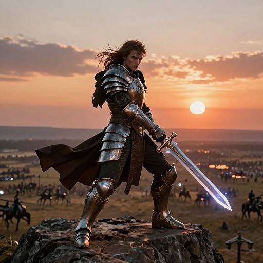 Photorealistic digital artwork of a fierce, long-haired warrior in shining silver armor, holding a glowing sword, standing on a rock at sunset, with