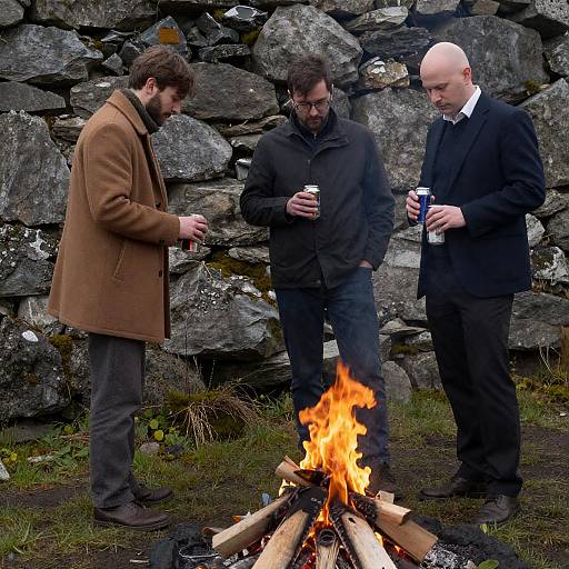 Three Men Standing Around Outdoor Fire