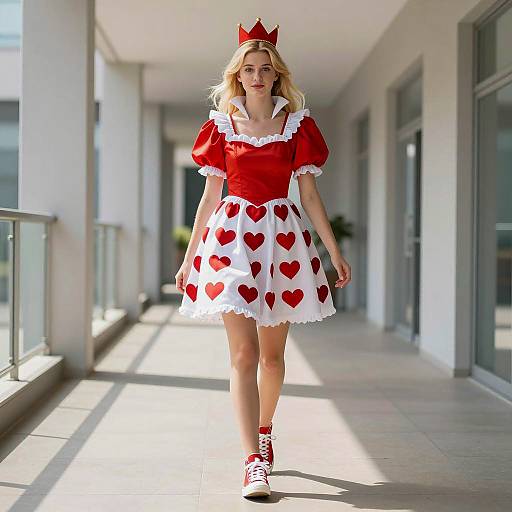 Young Woman in Queen of Hearts Costume Walking Indoors