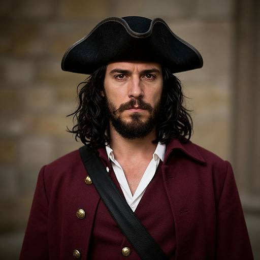 Photograph of a serious-looking man with long black hair, beard, and brown eyes, wearing a black tricorn hat, maroon coat with gold
