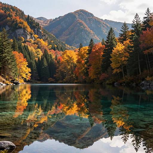 Photograph of a serene mountain lake reflecting vibrant autumn foliage, with evergreen trees and colorful fall leaves surrounding the calm water.