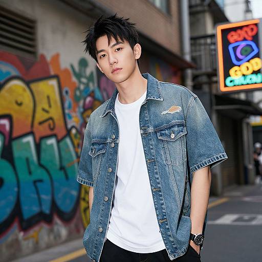 Photograph of an Asian man with spiky black hair, wearing a blue denim jacket over a white t-shirt, standing in a graffiti-covered urban alley