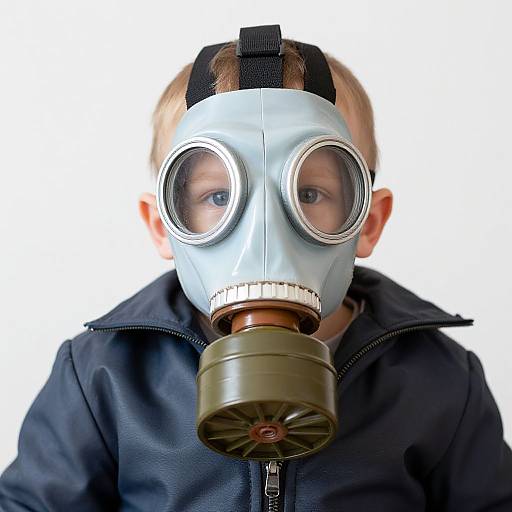 Photograph of a young boy with blue gas mask, large circular eyes, black headband, and dark blue jacket, against white background.