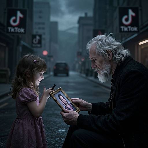 Photograph: Elderly white man with white beard, wearing dark coat, shows framed photo to young girl in purple dress on rainy, dimly-l