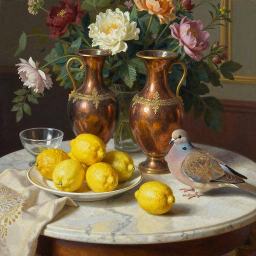 Still Life with Lemons, Copper Vases, Flowers, and Mourning Dove