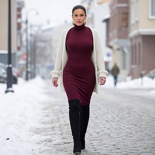 Photograph of a confident woman in a burgundy turtleneck dress, white knit cardigan, and black boots, walking down a snowy, cob