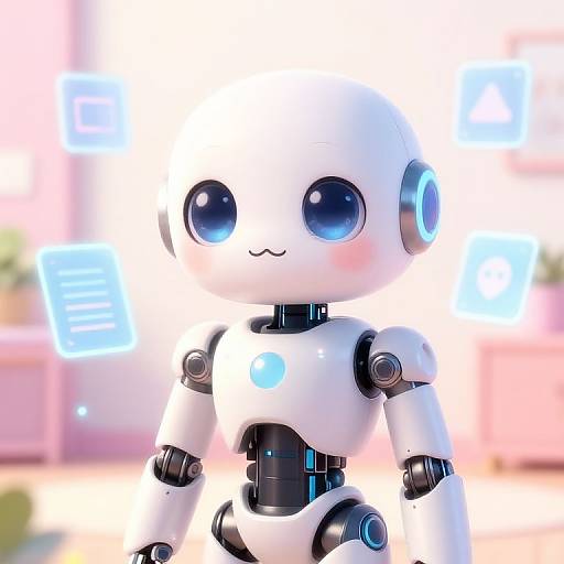 CGI image of a cute, white, robotic child with large blue eyes, black joints, and a smiling face, set against a blurred, bright