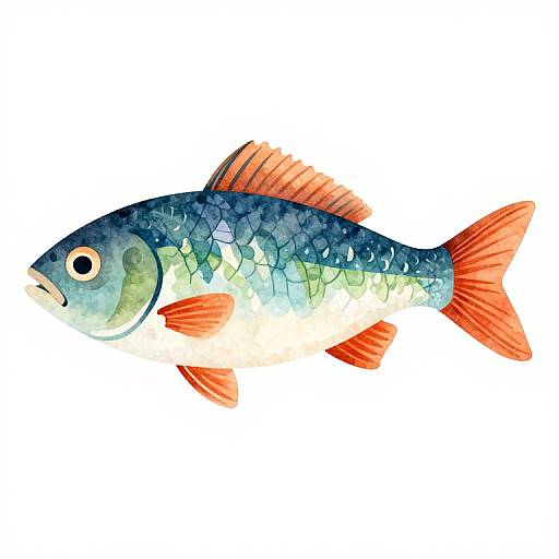 Watercolor illustration of a blue and green fish with vibrant red fins and tail, set against a white background.