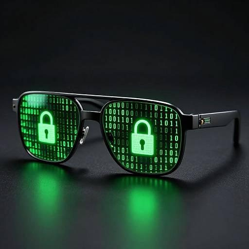 Photograph of futuristic black sunglasses with glowing green binary code and padlocks on lenses, set against a dark background.