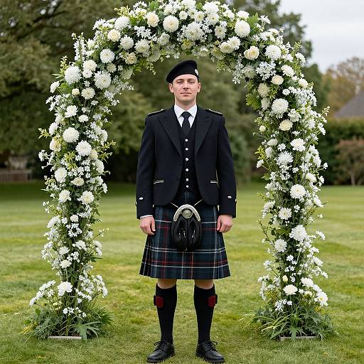 Photograph of a young man in traditional Scottish attire, standing under a white floral arch, wearing a black jacket, plaid kilt, and gl