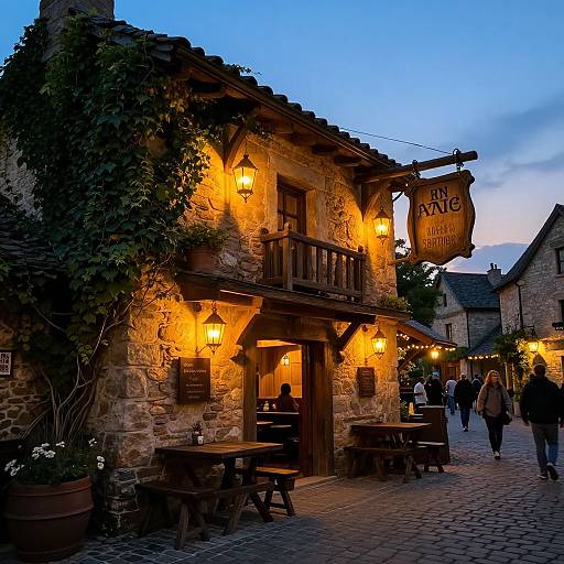 Photograph of a cozy, rustic stone tavern at dusk, with warm yellow lanterns, wooden tables, and potted plants on a cobblestone