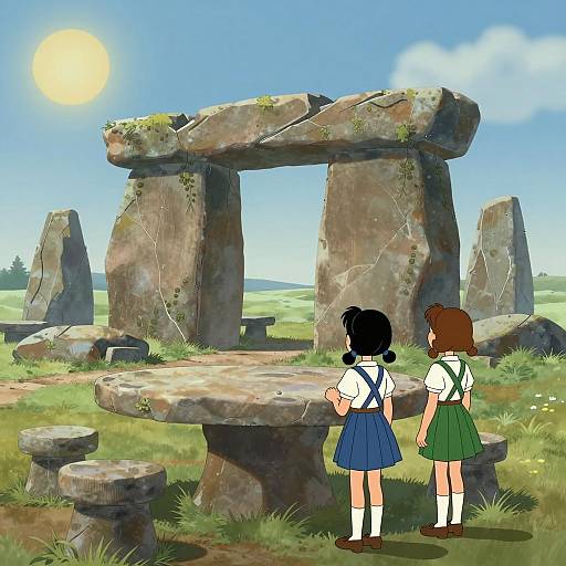 Two School Girls Observing Broken Stone Table