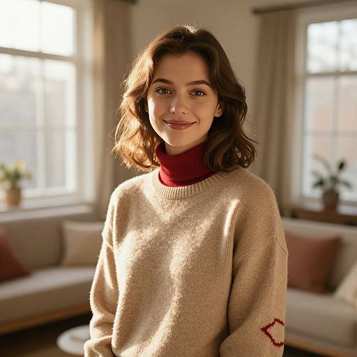 Photograph of a smiling woman with wavy brown hair, wearing a beige sweater with a red turtleneck, standing in a sunlit living room