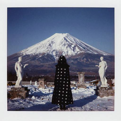 Silhouette in Polkadot Cloak by Snow-Capped Mountain