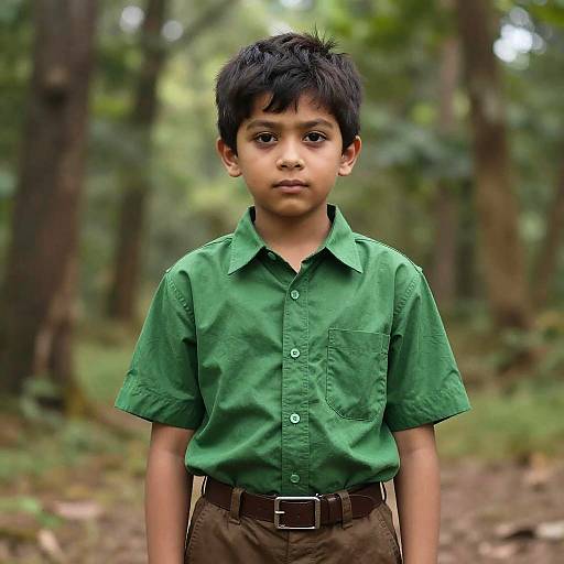 Photograph of a young Indian boy with short black hair, wearing a green short-sleeved shirt and brown pants, standing in a forest with blurred
