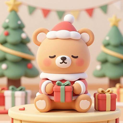 Cute 3D animated bear in a Santa hat and scarf, sitting on a table with presents, surrounded by decorated Christmas trees.