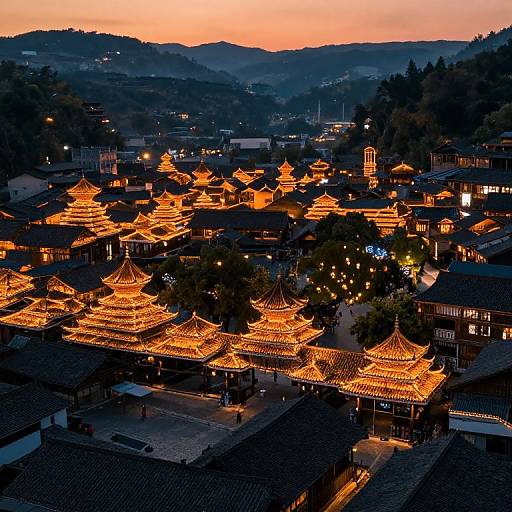 Photograph of a traditional Asian town at sunset, featuring illuminated, multi-tiered pagoda-style roofs with warm orange lights, set against a darkening
