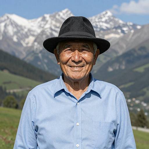 Smiling Elderly Man in Mountain Landscape