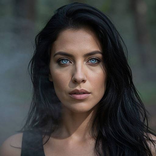 Photograph of a fair-skinned woman with striking blue eyes, long black hair, and subtle makeup, looking directly at the camera against a blurred forest