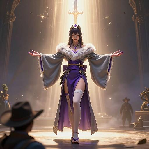 Digital art of a regal woman in a purple robe with white fur trim, standing confidently on a sunlit stage, surrounded by statues and an audience