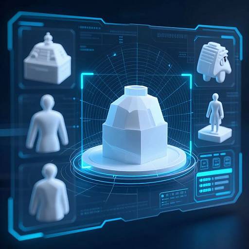 Digital illustration of a futuristic holographic interface with glowing blue lines, central white geometric object, and four 3D humanoid figures.