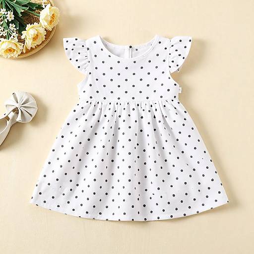 Photograph of a white, sleeveless, polka-dot dress with small black dots, lying on a beige surface, next to a bouquet of yellow