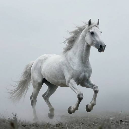 Photograph of a powerful, white, galloping horse with a flowing mane and tail, set against a misty, foggy background.