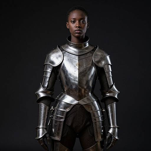 Photograph of a serious African-American woman in shiny, medieval-style silver armor, standing against a dark background, showcasing her strong, determined expression.