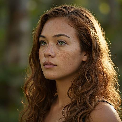 Photograph of a young woman with wavy auburn hair, green eyes, and freckles, standing outdoors with sunlight illuminating her face