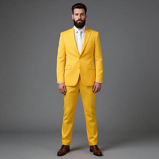 Photograph of a bearded man in a bright yellow suit, white shirt, and brown shoes, standing against a plain gray background.