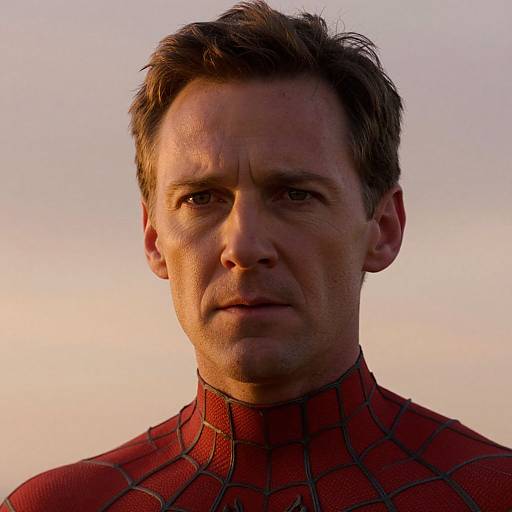 Photograph of a serious-looking man with short brown hair, wearing a red Spider-Man suit with a black web pattern, against a soft sunset background.