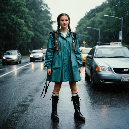 Girl in Raincoat with Twin Braids on Rainy Street