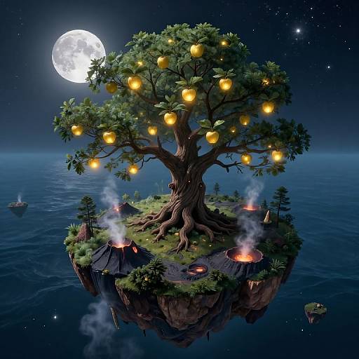 Fantastical CGI image of a glowing, lantern-filled tree on a floating island with erupting volcanoes under a full moon. Night sky with stars