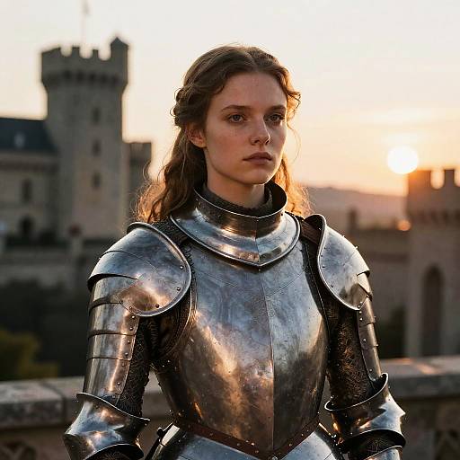 Photograph of a young woman with long brown hair in shiny medieval silver armor, standing on a castle balcony at sunset.