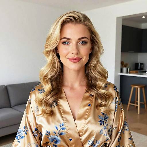 Photograph of a smiling blonde woman with wavy hair, wearing a gold silk robe with blue floral patterns, in a bright, modern living room.