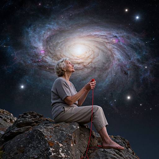 Elderly woman with short gray hair, wearing gray shirt and beige pants, sits on rocky outcrop, gazing at glowing spiral galaxy, holding