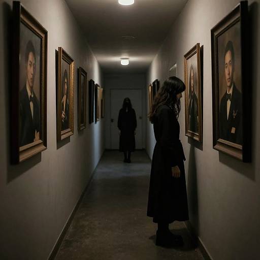Photograph of a dimly lit museum hallway with framed portraits on both walls, a silhouette woman examining a portrait, and a shadowy figure in the