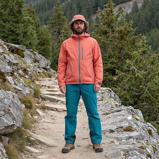 Photograph of a bearded man with medium-length brown hair, wearing a bright orange jacket, teal pants, and a red cap, standing on a