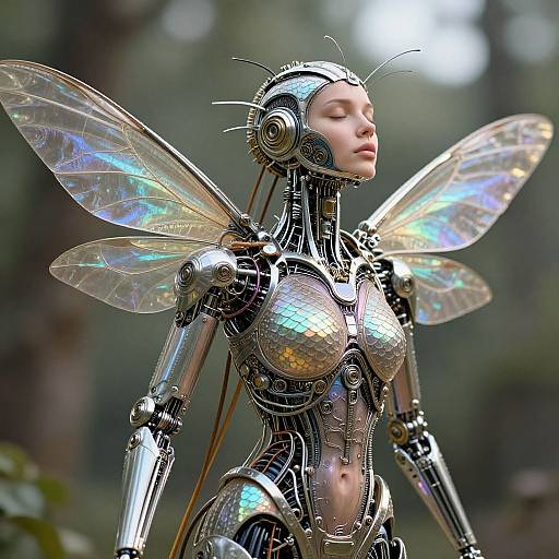Photorealistic CGI of a futuristic, iridescent, female robot with translucent wings, closed eyes, and metallic silver body, standing in a blurred
