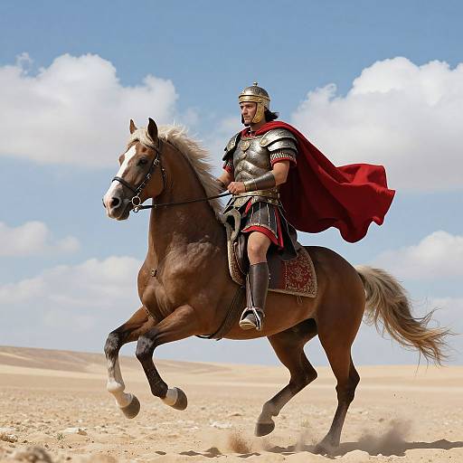 Photograph of a muscular warrior in ancient Roman-style armor and red cape, riding a brown horse across a sandy desert under a bright blue sky with fluffy
