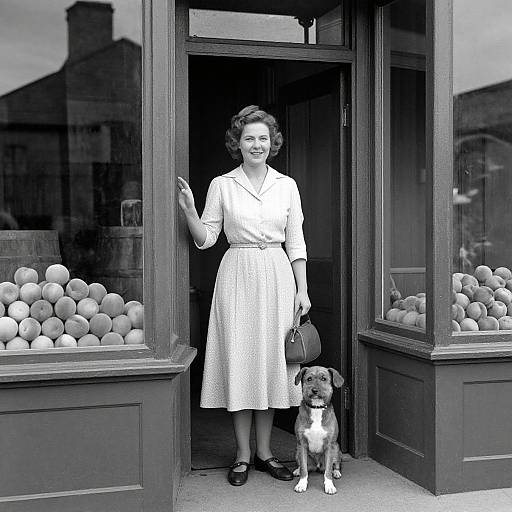 Black-and-white photograph of a 1950s-style woman in a white dress and hat, smiling, standing in a doorframe, holding a purse