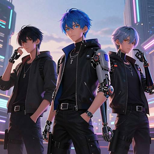 Digital anime artwork of three blue and black-haired men in futuristic black jackets, cybernetic arm, neon cityscape background.